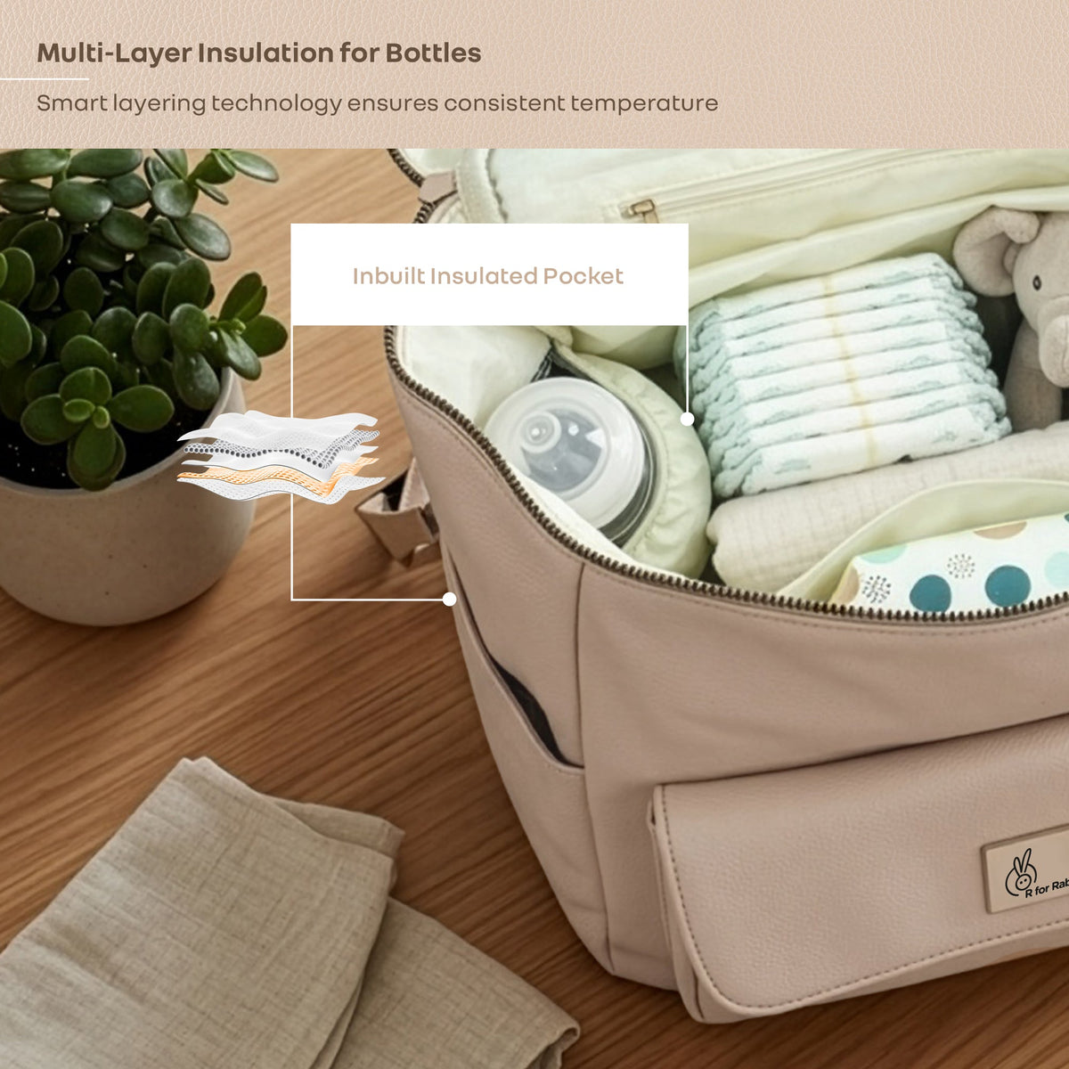 Caramello Bold Ivy Diaper Bag for Moms, Dual Carry Sling, Insulated Bottle Pockets With Premium Vegan Leather - Ivory Beige