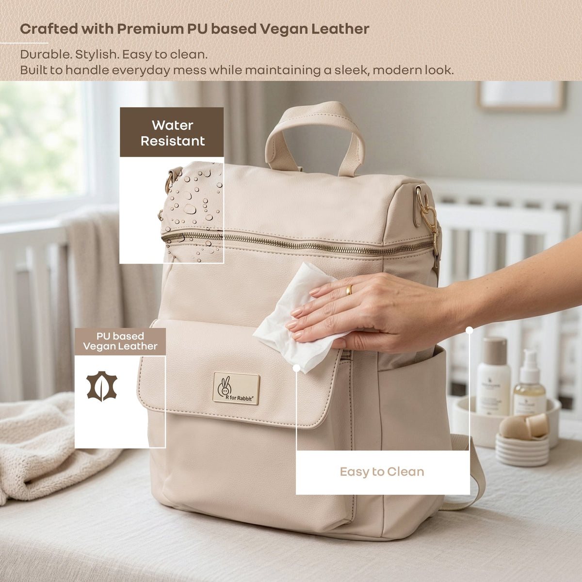 Caramello Bold Ivy Diaper Bag for Moms, Dual Carry Sling, Insulated Bottle Pockets With Premium Vegan Leather - Ivory Beige