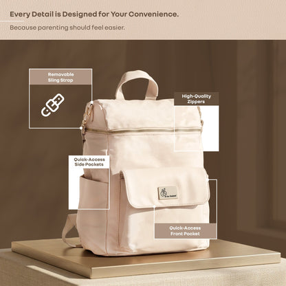 Caramello Bold Ivy Diaper Bag for Moms, Dual Carry Sling, Insulated Bottle Pockets With Premium Vegan Leather - Ivory Beige