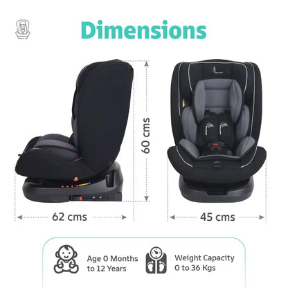 Jack N Jill Grand ISOFIX Car Seat For Kids 0 To 12 Years With Safety Harness - Black Grey