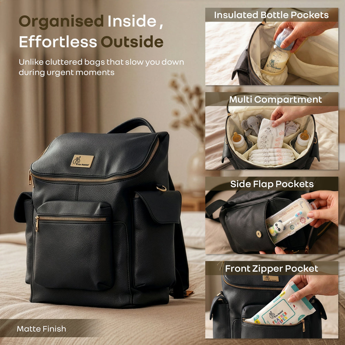 Caramello Bold Neo Diaper Bag, Matte Finish Vegan Leather, 39L Spacious Multi-Compartment Bag - Jade Black