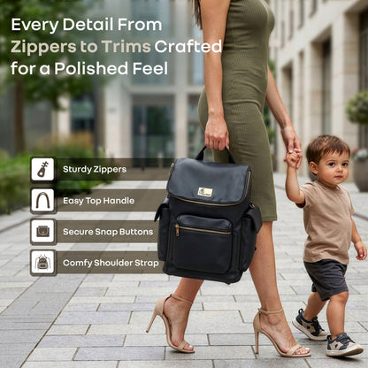 Caramello Bold Neo Diaper Bag, Matte Finish Vegan Leather, 39L Spacious Multi-Compartment Bag - Jade Black