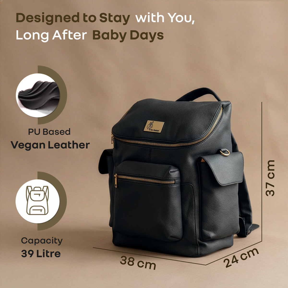 Caramello Bold Neo Diaper Bag, Matte Finish Vegan Leather, 39L Spacious Multi-Compartment Bag - Jade Black