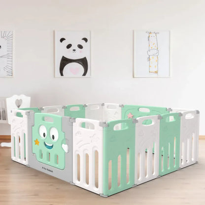 Joyland Playard For Kids 14-Panel Playard, Babies' Play Area, Indoor Setup - Green White