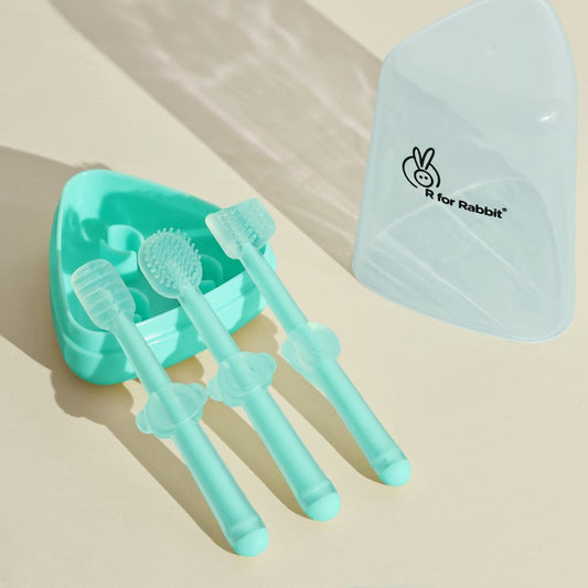 Tiny Smiles Pixie 3-in-1 Baby Toothbrush Set, BPA-Free Silicone, Gum Massager, U-Shaped & Toddler Brush - Lake Blue