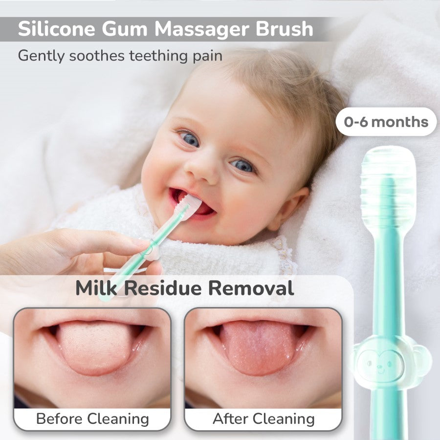 Tiny Smiles Pixie 3-in-1 Baby Toothbrush Set, BPA-Free Silicone, Gum Massager, U-Shaped & Toddler Brush - Lake Blue