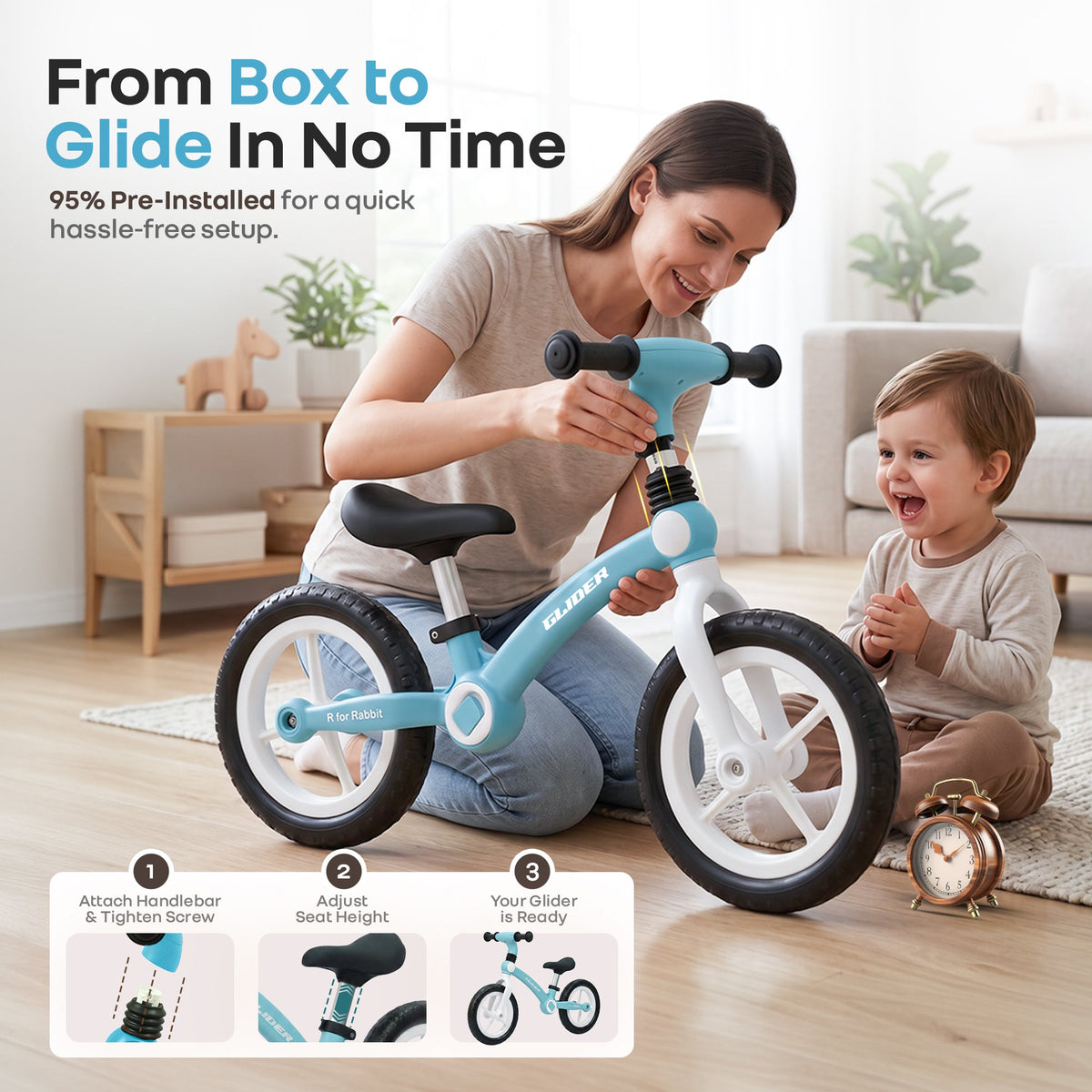 Glider Balance Bike for Kids with Adjustable PU Cushioned Seat, Puncture Proof EVA Wheels & Soft TPE Handles - Lake Blue