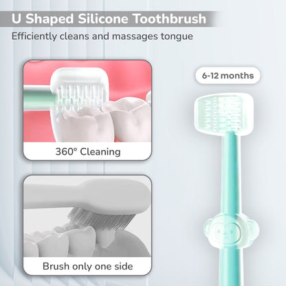 Tiny Smiles Pixie 3-in-1 Baby Toothbrush Set, BPA-Free Silicone, Gum Massager, U-Shaped & Toddler Brush - Lake Blue