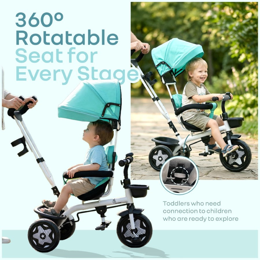 Tiny Toes R40 Ace 360° Rotatable Seat Baby Tricycle with Parent Control Handle, Adjustable Canopy & EVA Wheels (2–5 Years) - Lake Blue