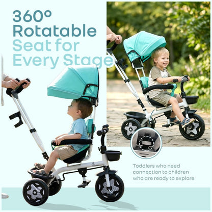 Tiny Toes R40 Ace 360° Rotatable Seat Baby Tricycle with Parent Control Handle, Adjustable Canopy & EVA Wheels (2–5 Years) - Lake Blue