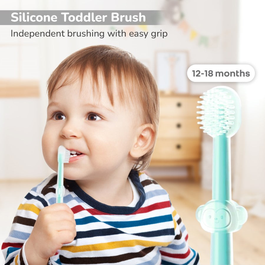 Tiny Smiles Pixie 3-in-1 Baby Toothbrush Set, BPA-Free Silicone, Gum Massager, U-Shaped & Toddler Brush - Lake Blue
