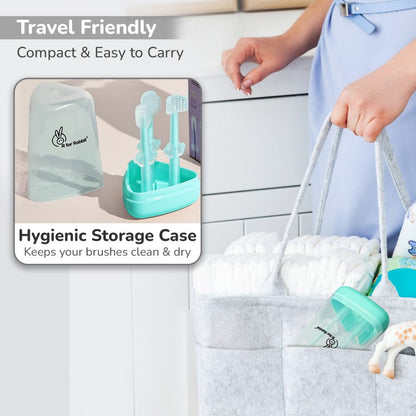 Tiny Smiles Pixie 3-in-1 Baby Toothbrush Set, BPA-Free Silicone, Gum Massager, U-Shaped & Toddler Brush - Lake Blue