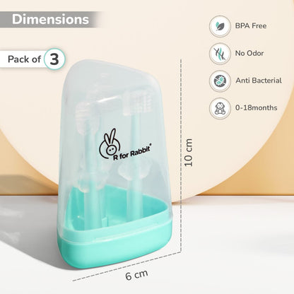 Tiny Smiles Pixie 3-in-1 Baby Toothbrush Set, BPA-Free Silicone, Gum Massager, U-Shaped & Toddler Brush - Lake Blue