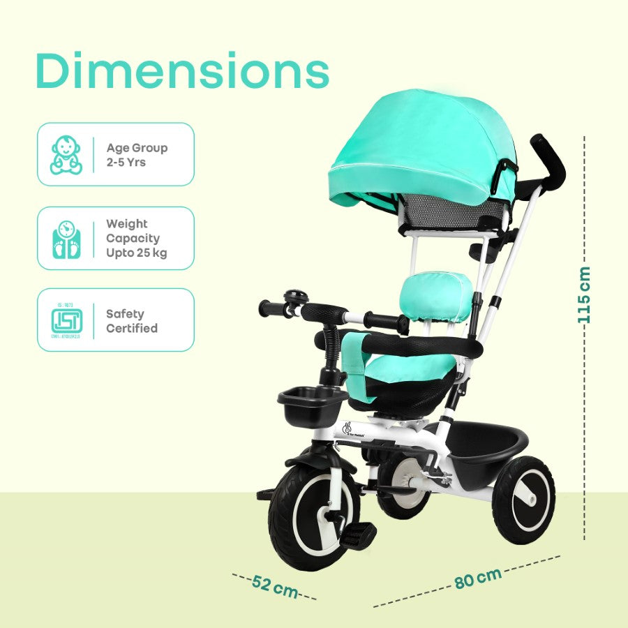 Tiny Toes R40 Plus Baby Tricycle with Canopy, Footrests, Plug-N-Play Wheels & Adjustable Parent Handle (Up to 25 kg) - Lake Blue