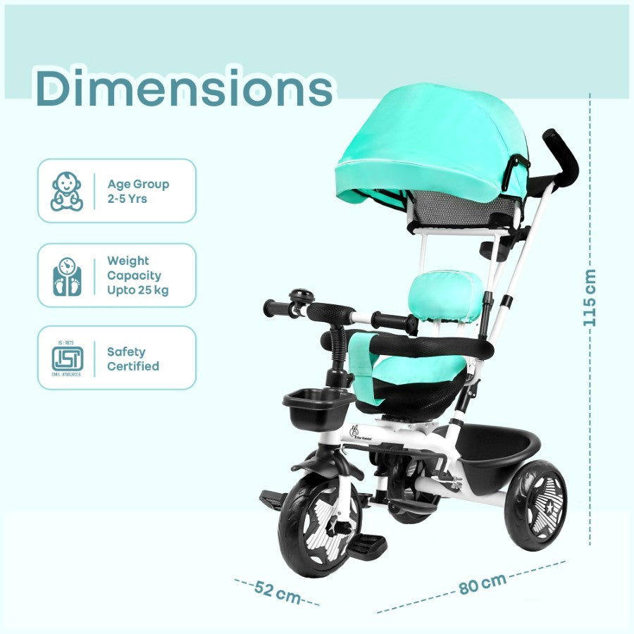 Tiny Toes R40 Ace 360° Rotatable Seat Baby Tricycle with Parent Control Handle, Adjustable Canopy & EVA Wheels (2–5 Years) - Lake Blue