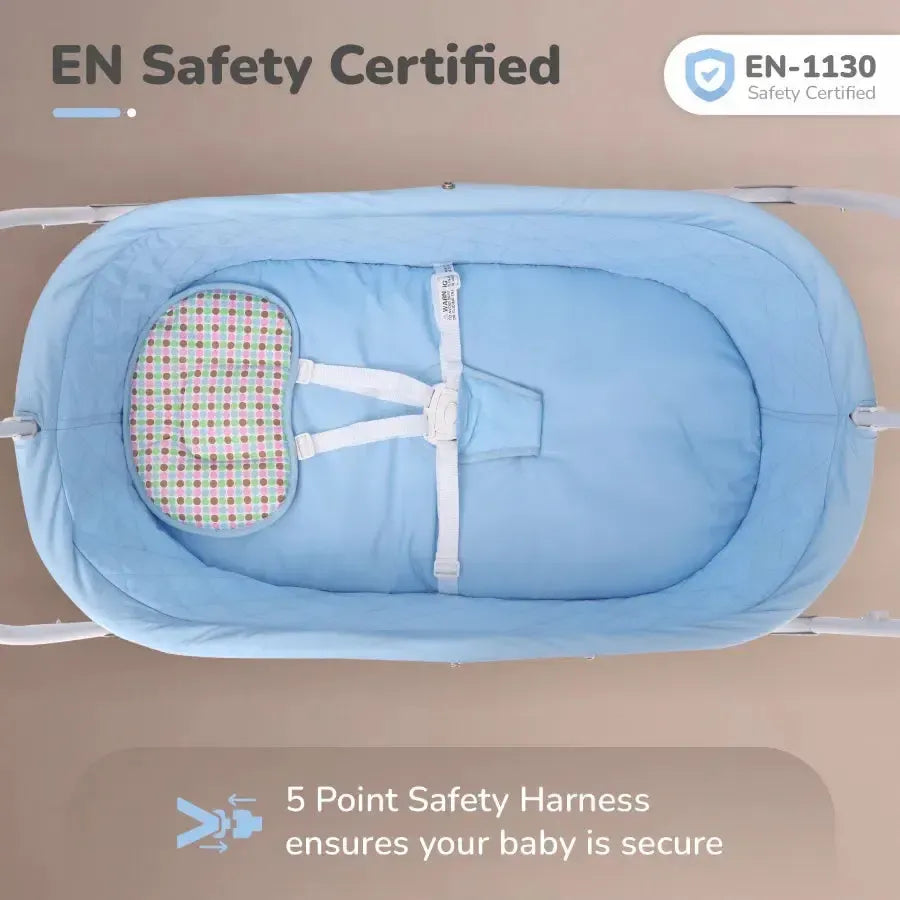 Lullabies Cradle - Auto Swing With Remote Control, 16 In-Built Soothing Music Tunes, Mosquito Net Baby Cradle, 3-Point Safety, Swing Lock - Blue