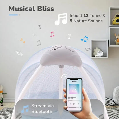 Lullabies Cradle - Auto Swing With Remote Control, 16 In-Built Soothing Music Tunes, Mosquito Net Baby Cradle, 3-Point Safety, Swing Lock - Blue