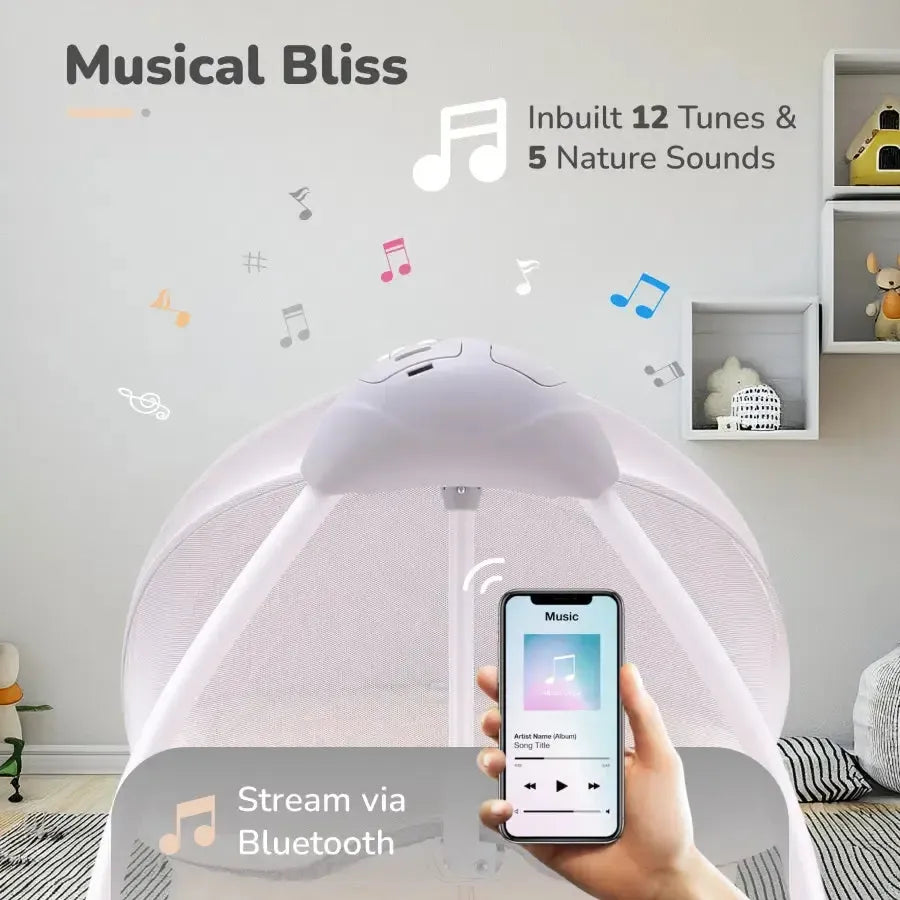 Lullabies Cradle - Auto Swing With Remote Control, 16 In-Built Soothing Music Tunes, Mosquito Net Baby Cradle, 3-Point Safety, Swing Lock - Cream