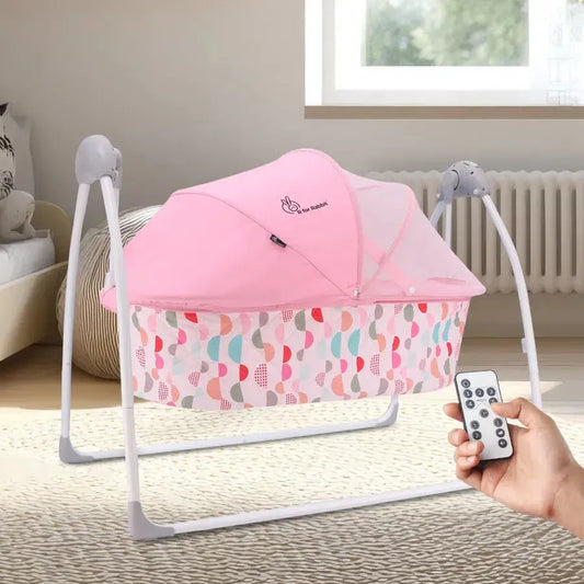Lullabies Cradle - Auto Swing With Remote Control, 16 In-Built Soothing Music Tunes, Mosquito Net Baby Cradle, 3-Point Safety, Swing Lock - Pink
