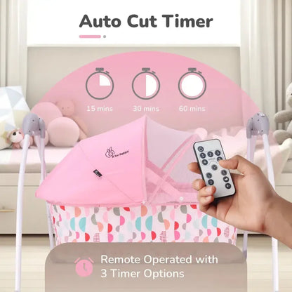 Lullabies Cradle - Auto Swing With Remote Control, 16 In-Built Soothing Music Tunes, Mosquito Net Baby Cradle, 3-Point Safety, Swing Lock - Pink