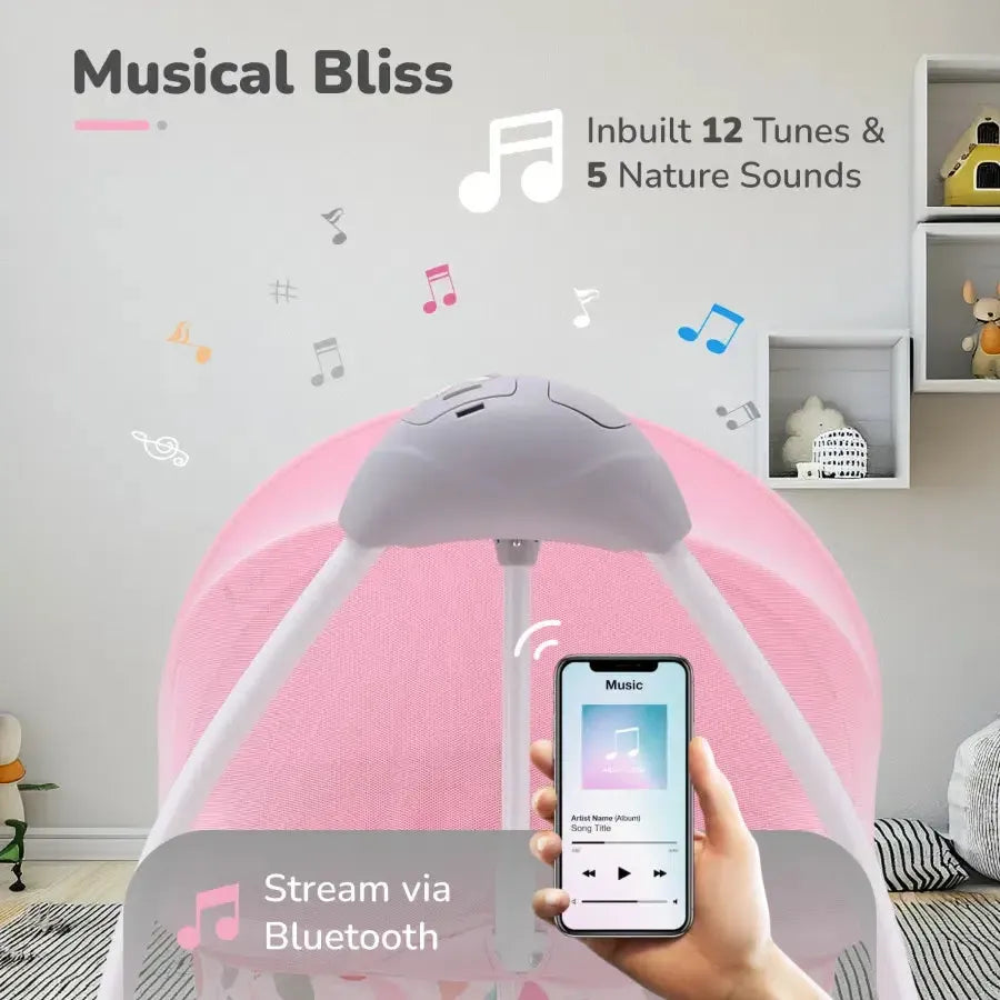 Lullabies Cradle - Auto Swing With Remote Control, 16 In-Built Soothing Music Tunes, Mosquito Net Baby Cradle, 3-Point Safety, Swing Lock - Pink