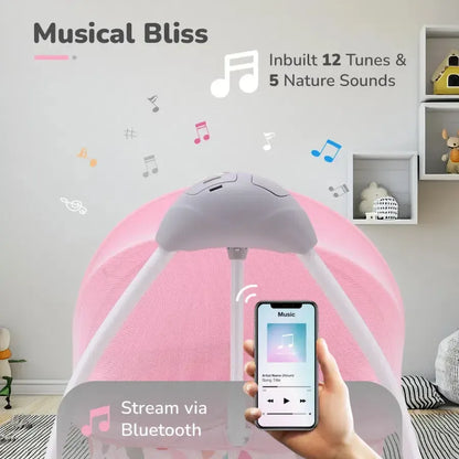 Lullabies Cradle - Auto Swing With Remote Control, 16 In-Built Soothing Music Tunes, Mosquito Net Baby Cradle, 3-Point Safety, Swing Lock - Pink