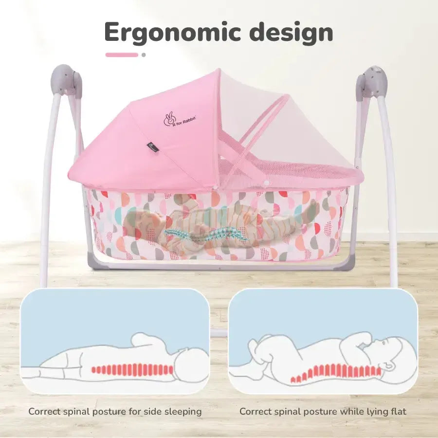 Lullabies Cradle - Auto Swing With Remote Control, 16 In-Built Soothing Music Tunes, Mosquito Net Baby Cradle, 3-Point Safety, Swing Lock - Pink