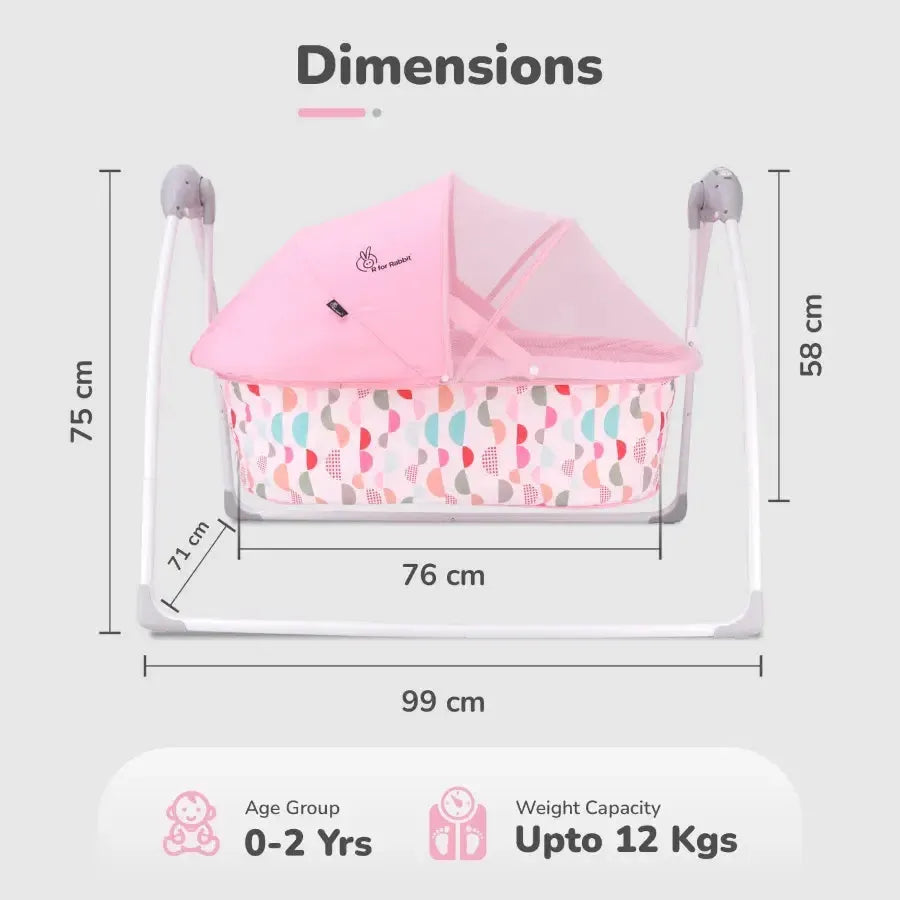 Lullabies Cradle - Auto Swing With Remote Control, 16 In-Built Soothing Music Tunes, Mosquito Net Baby Cradle, 3-Point Safety, Swing Lock - Pink