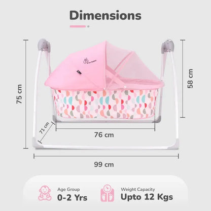 Lullabies Cradle - Auto Swing With Remote Control, 16 In-Built Soothing Music Tunes, Mosquito Net Baby Cradle, 3-Point Safety, Swing Lock - Pink