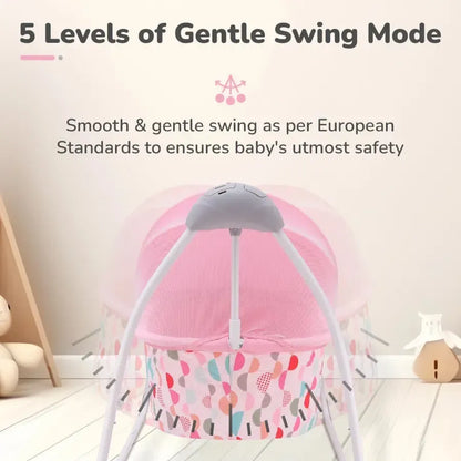 Lullabies Cradle - Auto Swing With Remote Control, 16 In-Built Soothing Music Tunes, Mosquito Net Baby Cradle, 3-Point Safety, Swing Lock - Pink