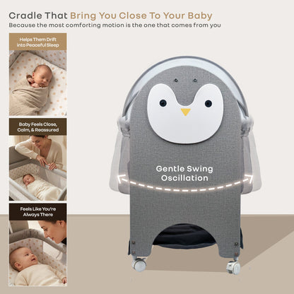 Lullabies Woodsy Snowy Baby Cradle, MDF Wood, 360° Wheels, Mosquito Net & Storage Basket - Grey White