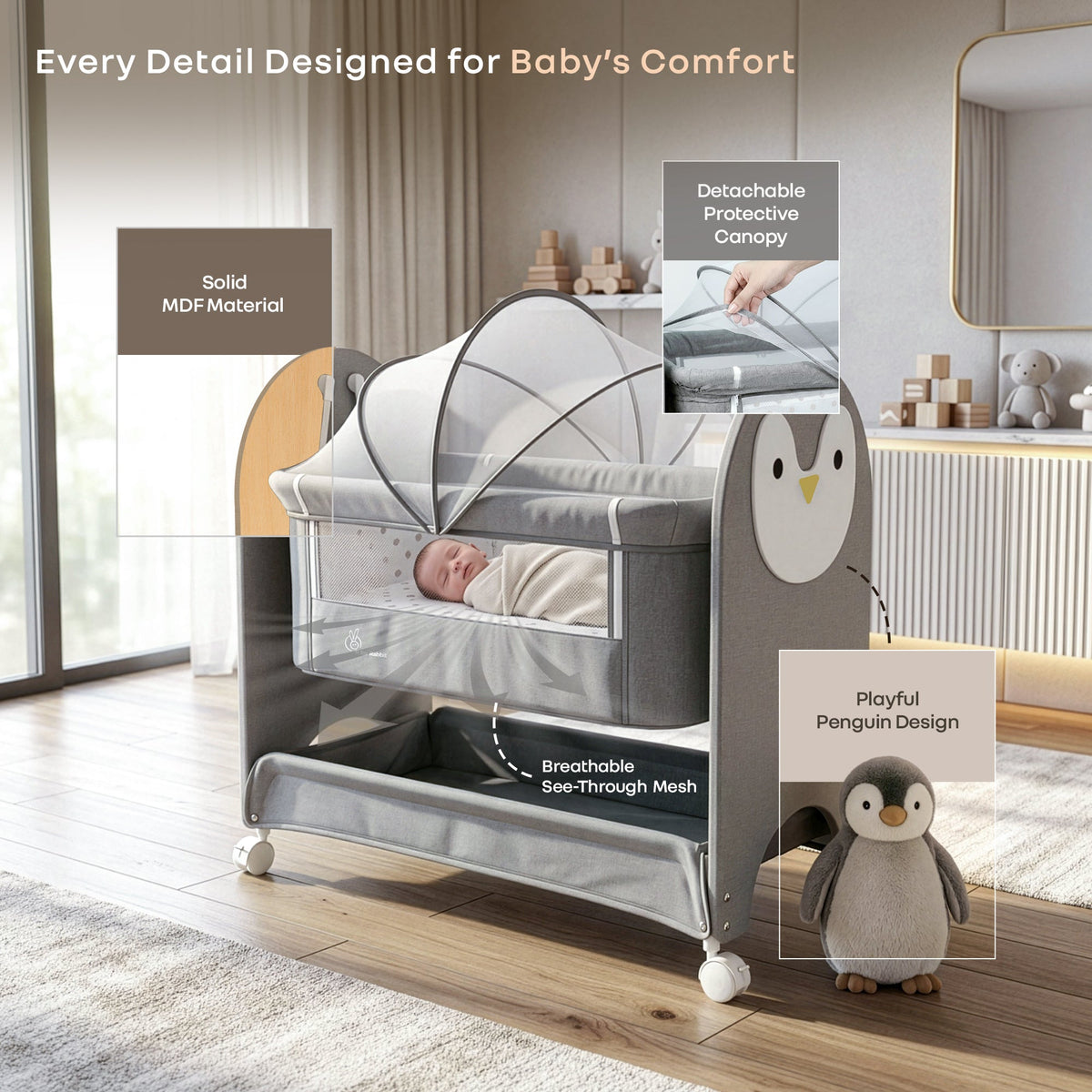 Lullabies Woodsy Snowy Baby Cradle, MDF Wood, 360° Wheels, Mosquito Net & Storage Basket - Grey White
