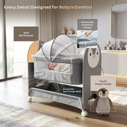 Lullabies Woodsy Snowy Baby Cradle, MDF Wood, 360° Wheels, Mosquito Net & Storage Basket - Grey White