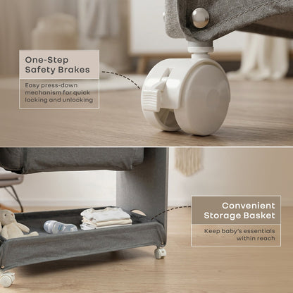 Lullabies Woodsy Snowy Baby Cradle, MDF Wood, 360° Wheels, Mosquito Net & Storage Basket - Grey White