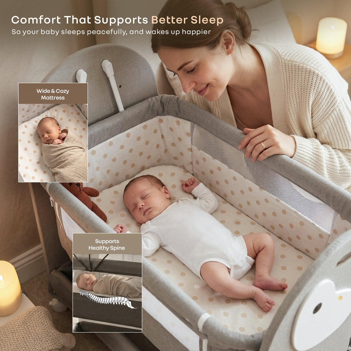 Lullabies Woodsy Snowy Baby Cradle, MDF Wood, 360° Wheels, Mosquito Net & Storage Basket - Grey White