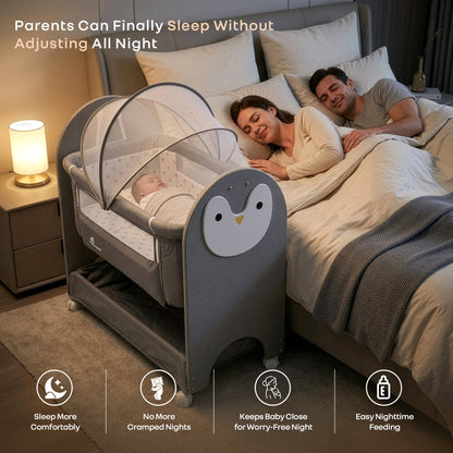 Lullabies Woodsy Snowy Baby Cradle, MDF Wood, 360° Wheels, Mosquito Net & Storage Basket - Grey White