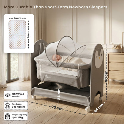 Lullabies Woodsy Snowy Baby Cradle, MDF Wood, 360° Wheels, Mosquito Net & Storage Basket - Grey White