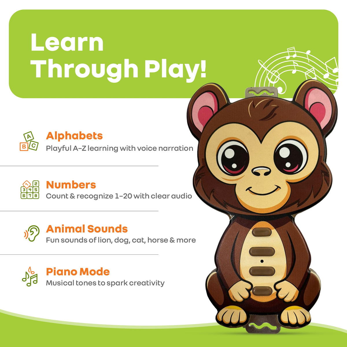 Orapple Tap N Play Musical Learning Toy with 4 Fun Modes Toy for Kids 2+ Years - Monkey