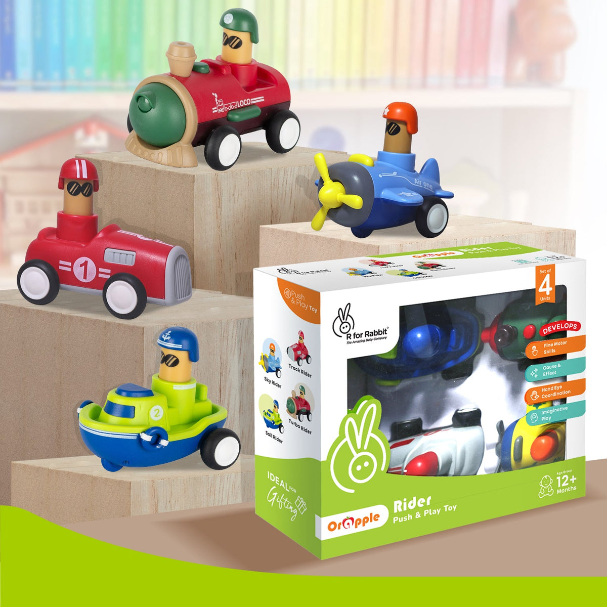 Orapple Rider BPA-Free Set of 4 Push Toys for Toddlers (Track, Sky, Turbo, Sail) - Multi-1