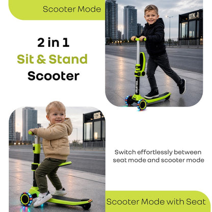 Road Runner Stellar Duo 2 in 1 Kick Scooter with Detachable Seat - Sit & Stand Scooter for Toddlers - Adjustable Height - LED PU Wheels - ABEC 7 Bearings - BIS Certified - Age 3+ Years - Neon Black
