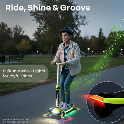 Road Runner Stellar - LED Scooter for Kids with Bluetooth Music, Adjustable Height & Smooth Ride - Neon Black