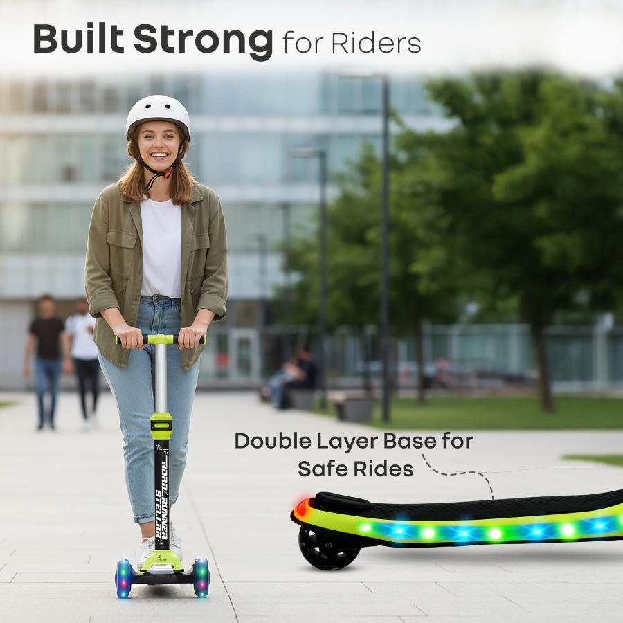Road Runner Stellar - LED Scooter for Kids with Bluetooth Music, Adjustable Height & Smooth Ride - Neon Black