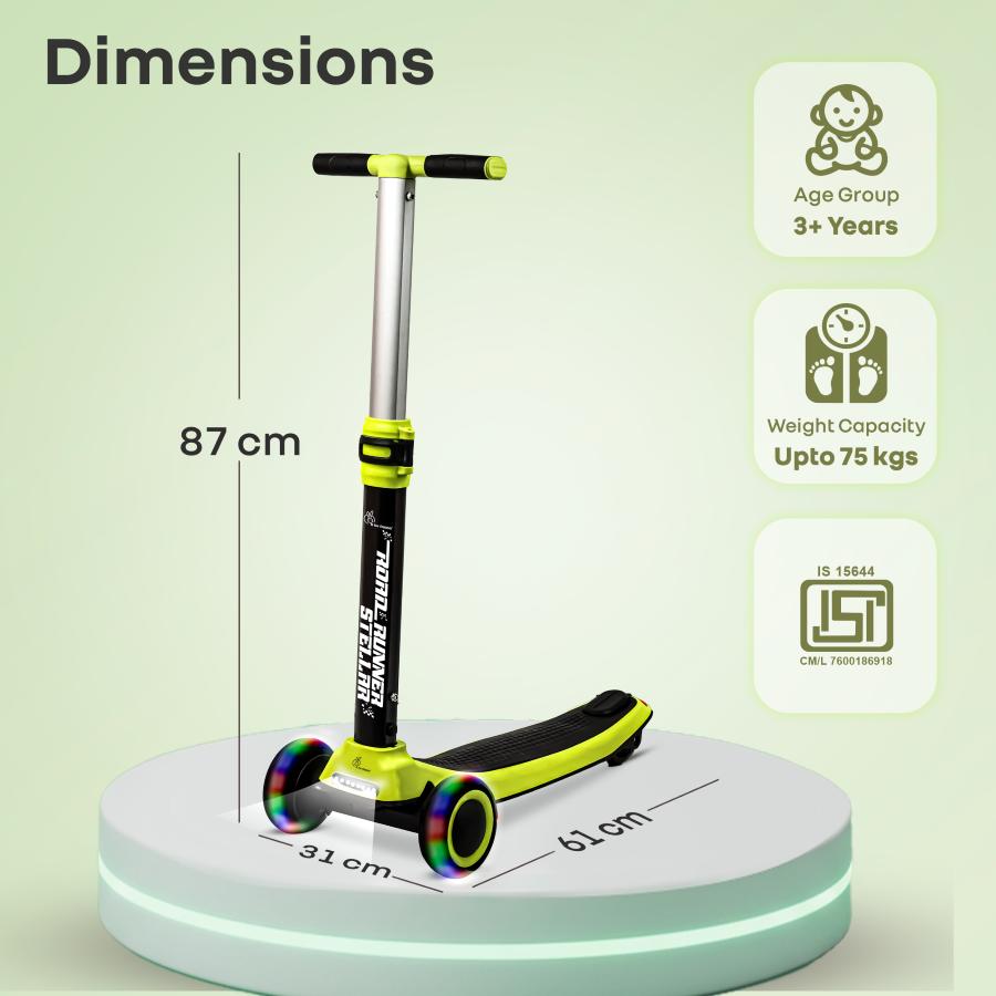 Road Runner Stellar - LED Scooter for Kids with Bluetooth Music, Adjustable Height & Smooth Ride - Neon Black