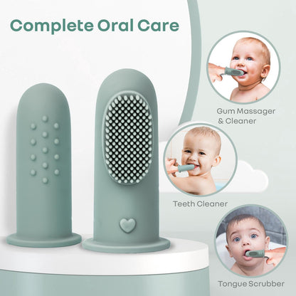 Tiny Smiles Gummy Baby Finger Brush, Food Grade Silicone Toothbrush, Gum Massager with Storage Case - Olive Green