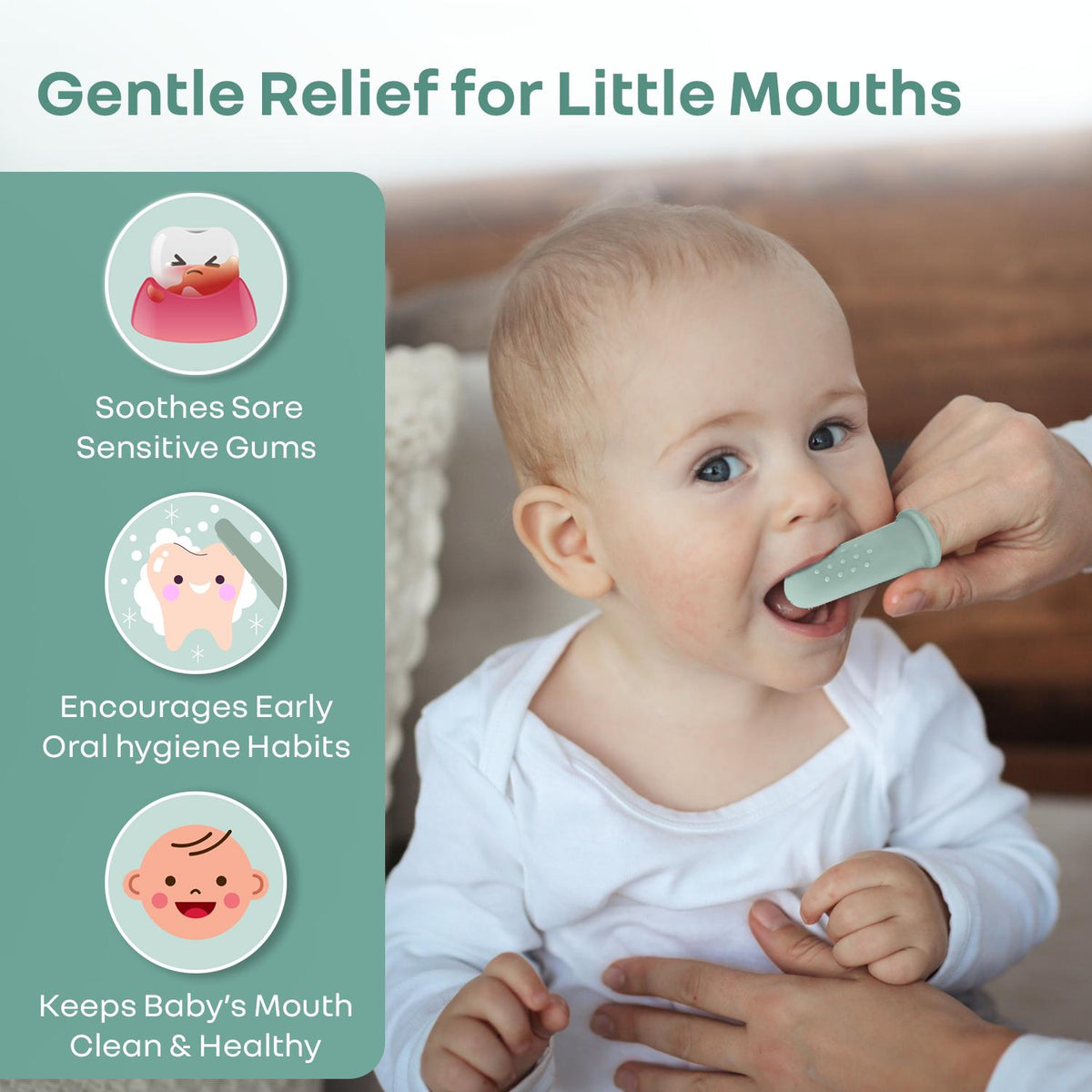 Tiny Smiles Gummy Baby Finger Brush, Food Grade Silicone Toothbrush, Gum Massager with Storage Case - Olive Green