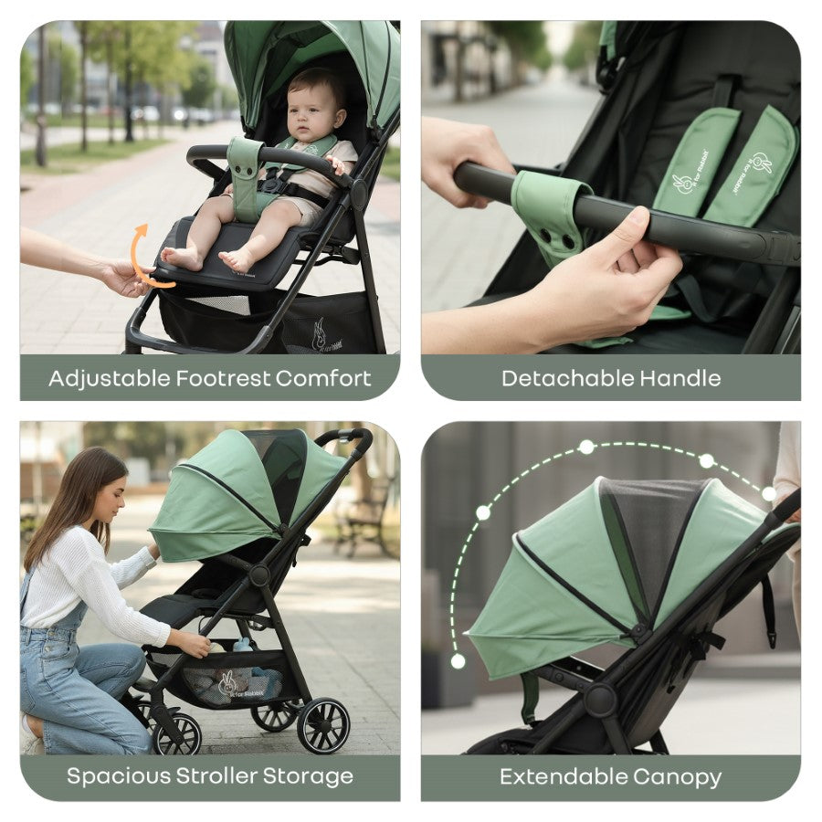 Poppins Neo Baby Stroller, Travel Stroller with 5-Point Harness & One-Hand Fold - Olive Green