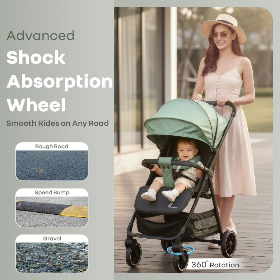 Poppins Neo Baby Stroller, Travel Stroller with 5-Point Harness & One-Hand Fold - Olive Green