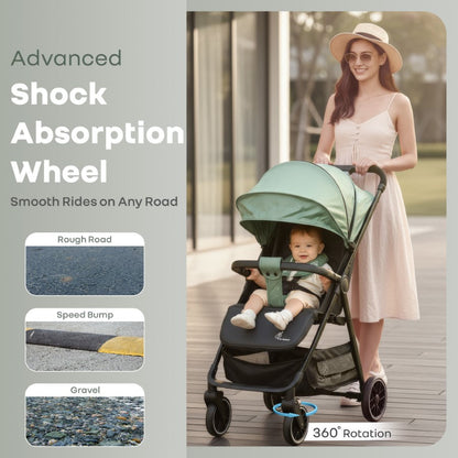 Poppins Neo Baby Stroller, Travel Stroller with 5-Point Harness & One-Hand Fold - Olive Green
