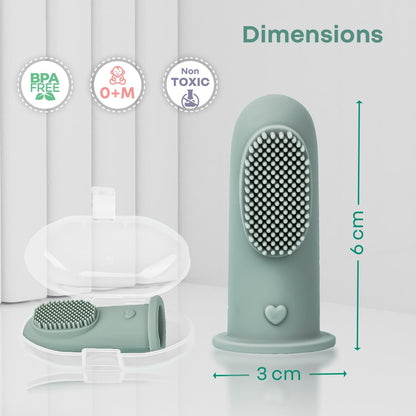Tiny Smiles Gummy Baby Finger Brush, Food Grade Silicone Toothbrush, Gum Massager with Storage Case - Olive Green