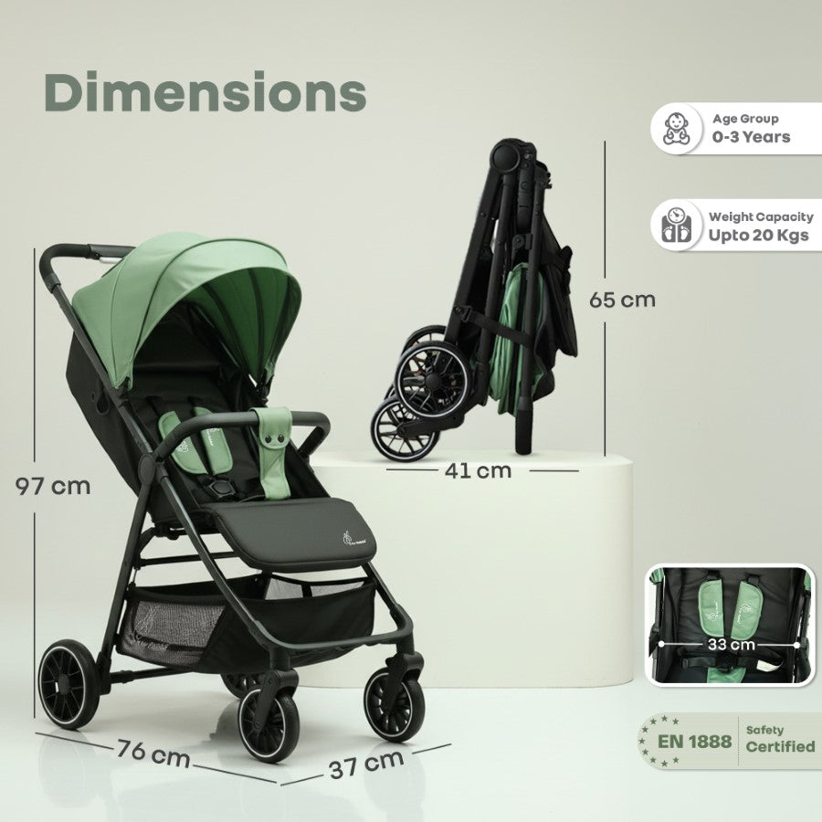 Poppins Neo Baby Stroller, Travel Stroller with 5-Point Harness & One-Hand Fold - Olive Green